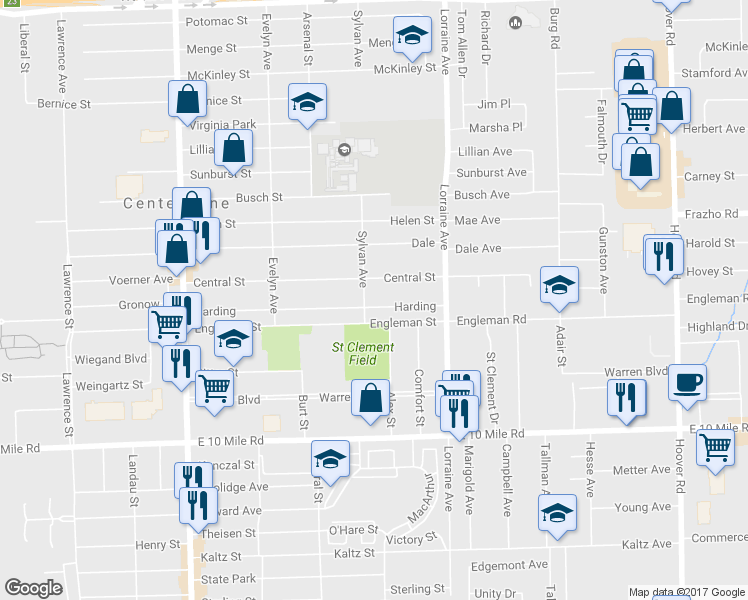 map of restaurants, bars, coffee shops, grocery stores, and more near 8511 Harding Street in Center Line