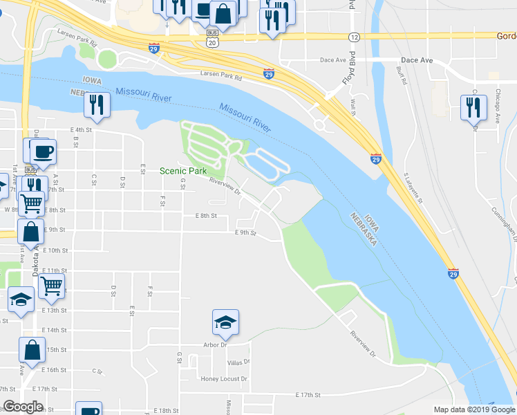 map of restaurants, bars, coffee shops, grocery stores, and more near Riverview Dr in South Sioux City