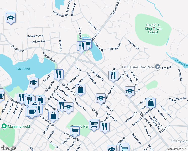 map of restaurants, bars, coffee shops, grocery stores, and more near 50 Gertrude Street in Lynn