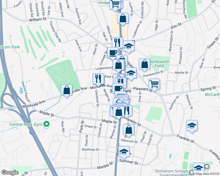 map of restaurants, bars, coffee shops, grocery stores, and more near 65 Wright Street in Stoneham
