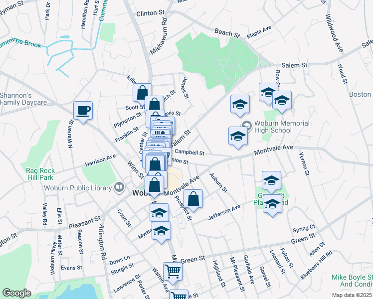 map of restaurants, bars, coffee shops, grocery stores, and more near 20 Union Street in Woburn