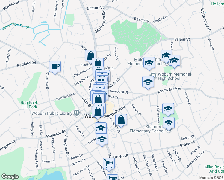 map of restaurants, bars, coffee shops, grocery stores, and more near 20 Union Street in Woburn