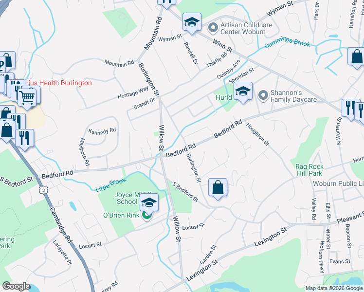 map of restaurants, bars, coffee shops, grocery stores, and more near 133 Burlington Street in Woburn