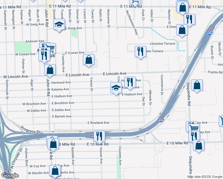map of restaurants, bars, coffee shops, grocery stores, and more near 969 East Hudson Avenue in Madison Heights