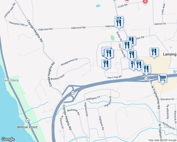 map of restaurants, bars, coffee shops, grocery stores, and more near 6 Stone Creek Drive in Ithaca
