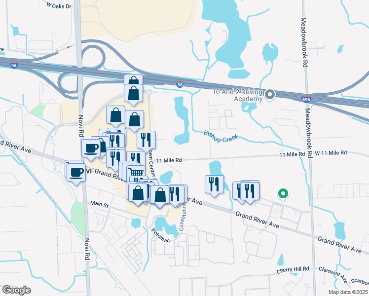 map of restaurants, bars, coffee shops, grocery stores, and more near 42600 West 11 Mile Road in Novi