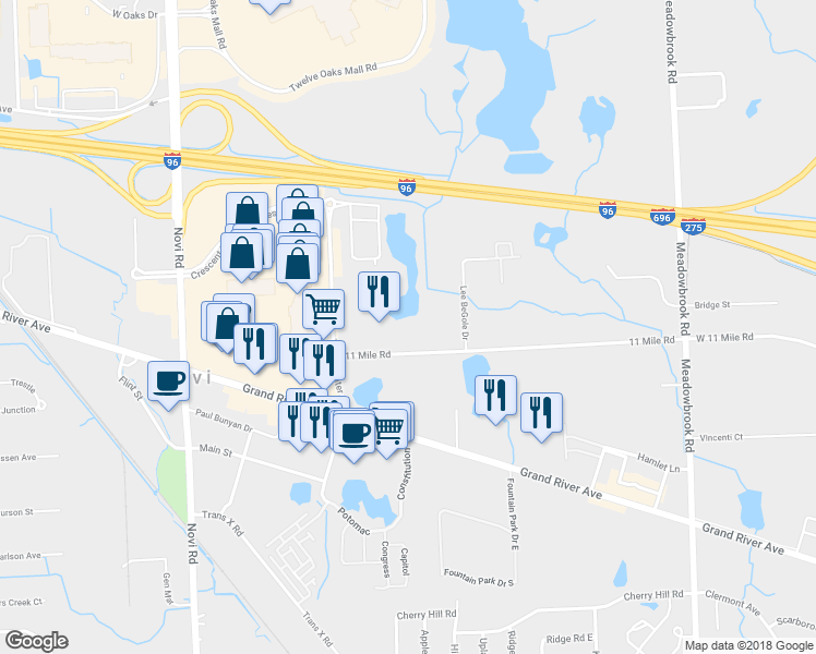 map of restaurants, bars, coffee shops, grocery stores, and more near 42600 West 11 Mile Road in Novi