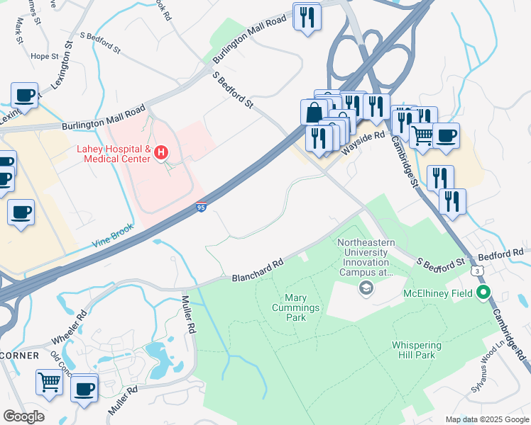 map of restaurants, bars, coffee shops, grocery stores, and more near 3 Van de Graaff Drive in Burlington