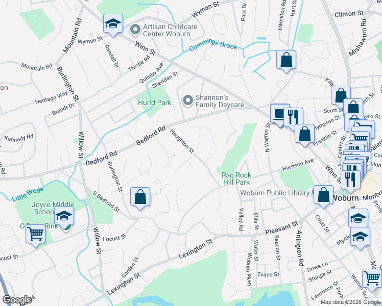 map of restaurants, bars, coffee shops, grocery stores, and more near 31 Houghton Street in Woburn