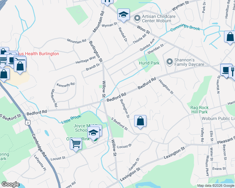map of restaurants, bars, coffee shops, grocery stores, and more near 133 Burlington Street in Woburn