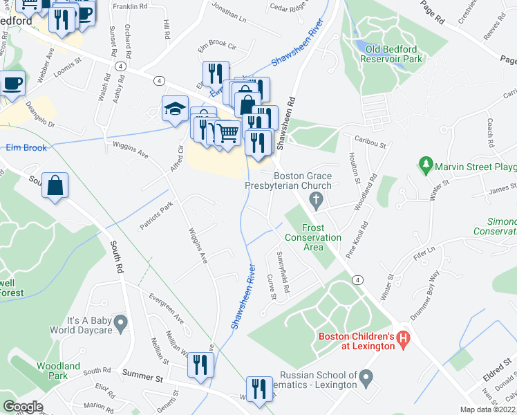 map of restaurants, bars, coffee shops, grocery stores, and more near 1 Bridge Street in Bedford