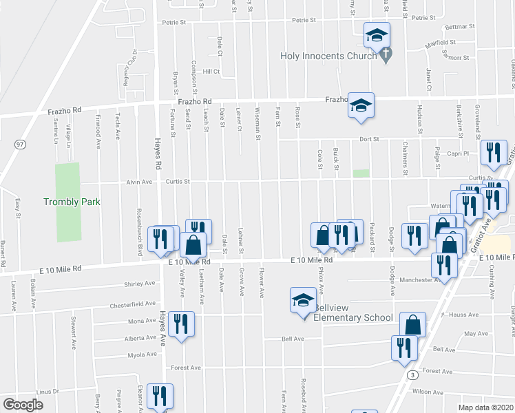 map of restaurants, bars, coffee shops, grocery stores, and more near 25343 Wiseman Street in Roseville