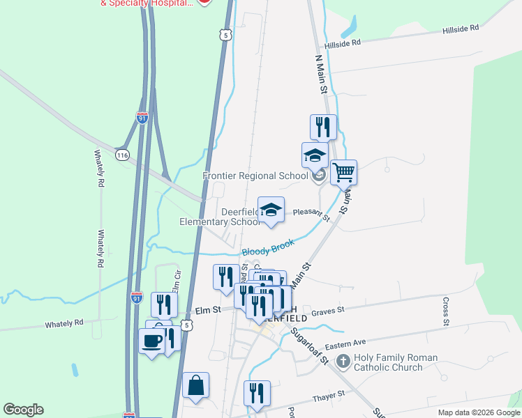 map of restaurants, bars, coffee shops, grocery stores, and more near 22 Pleasant Street in Deerfield