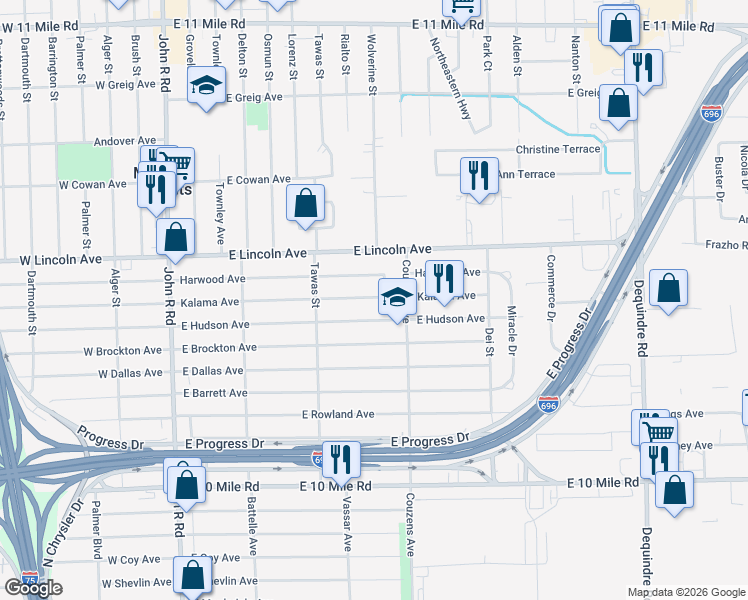 map of restaurants, bars, coffee shops, grocery stores, and more near 969 East Hudson Avenue in Madison Heights