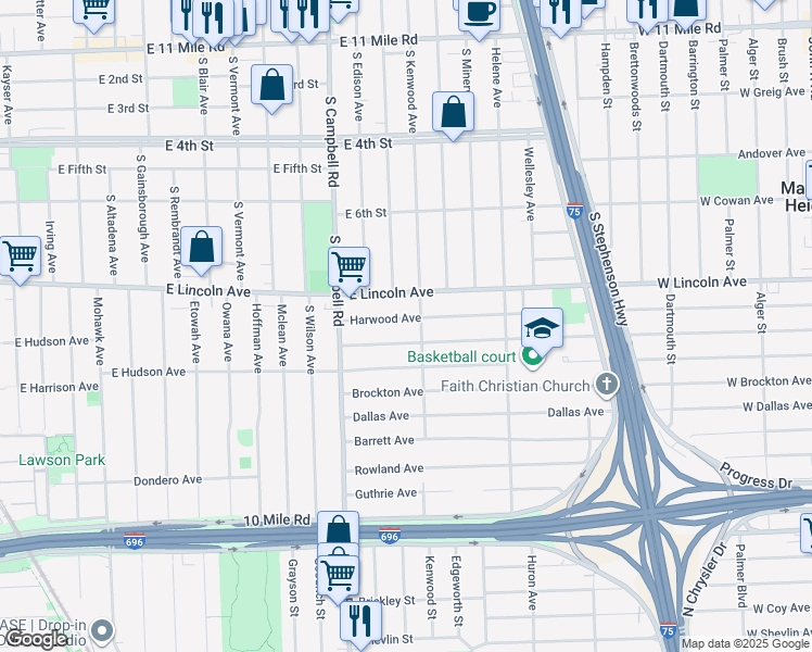 map of restaurants, bars, coffee shops, grocery stores, and more near 1920 Kalama Avenue in Royal Oak