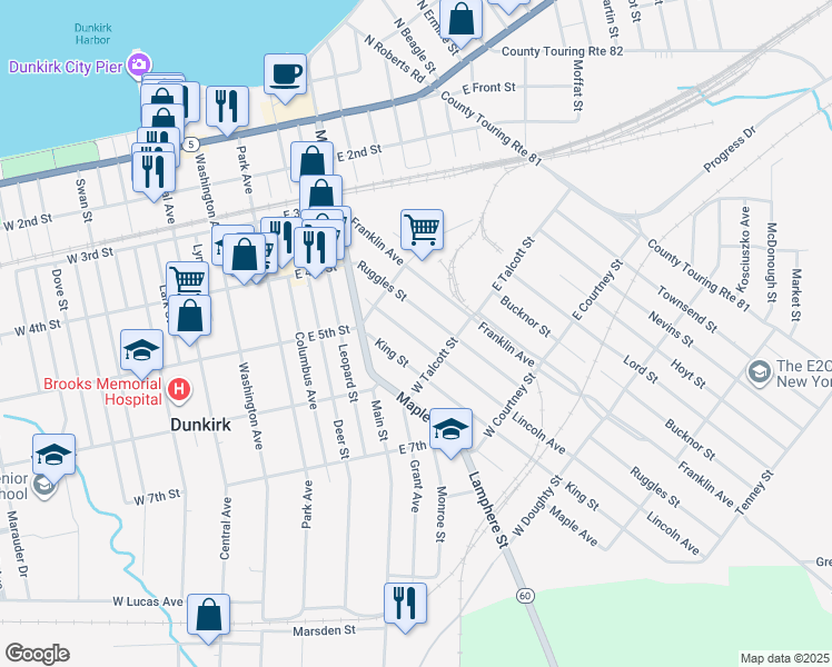 map of restaurants, bars, coffee shops, grocery stores, and more near 95 Lincoln Avenue in Dunkirk