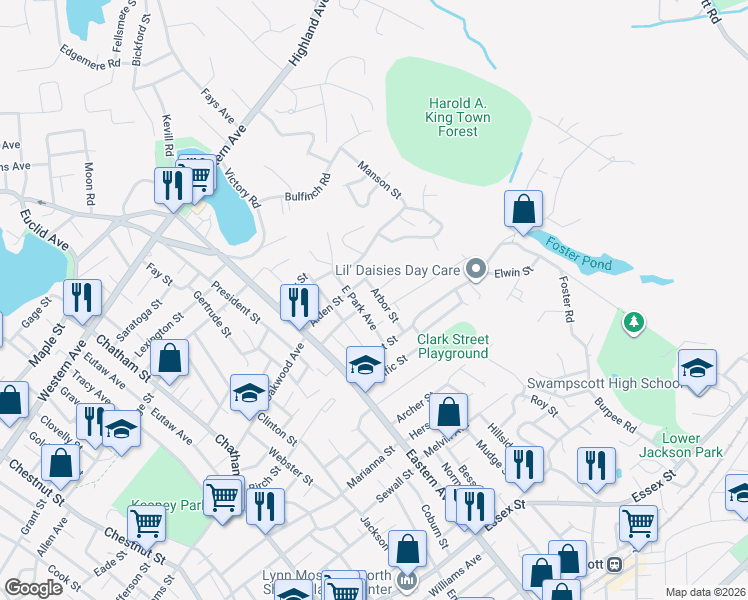 map of restaurants, bars, coffee shops, grocery stores, and more near 32 East Park Avenue in Lynn