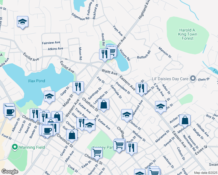 map of restaurants, bars, coffee shops, grocery stores, and more near 67 Lexington Street in Lynn