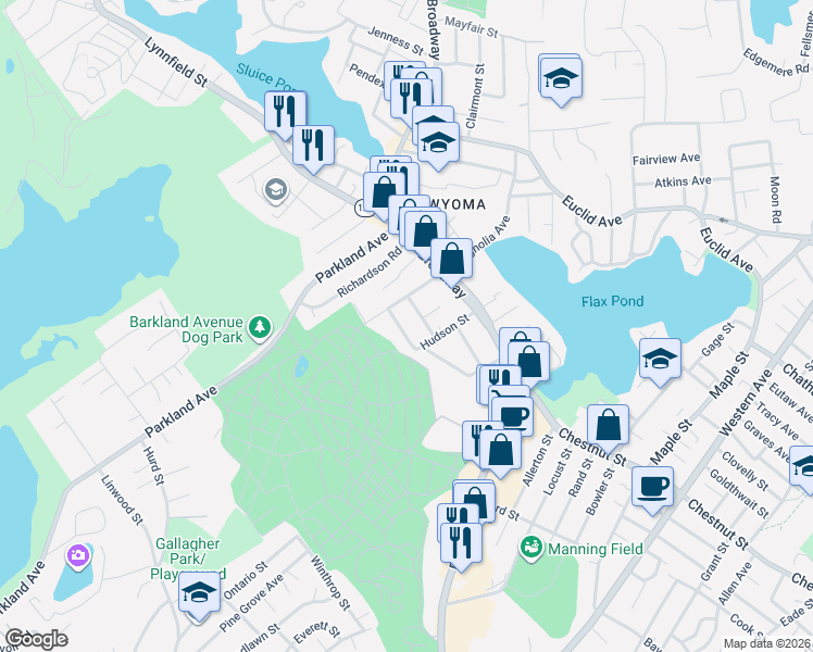 map of restaurants, bars, coffee shops, grocery stores, and more near Red Oak Avenue in Lynn