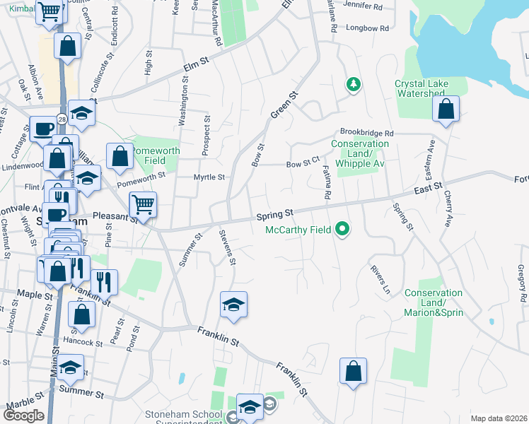 map of restaurants, bars, coffee shops, grocery stores, and more near 53 Spring Street in Stoneham