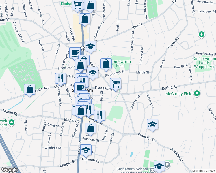 map of restaurants, bars, coffee shops, grocery stores, and more near 4 Pine Street in Stoneham