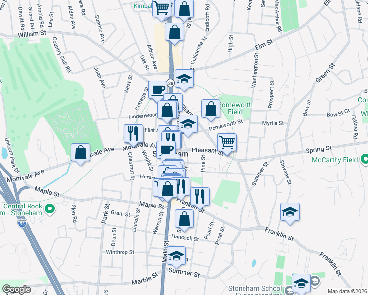 map of restaurants, bars, coffee shops, grocery stores, and more near 55 Central Street in Stoneham