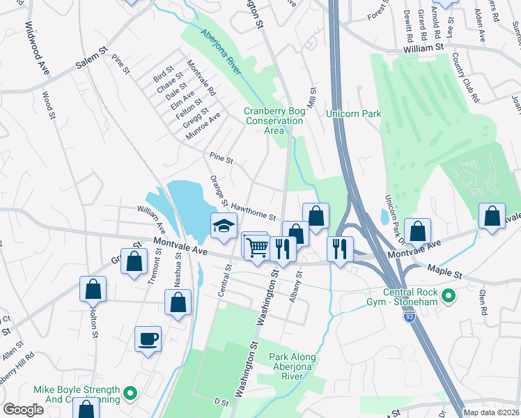 map of restaurants, bars, coffee shops, grocery stores, and more near 14 Hawthorne Street in Woburn