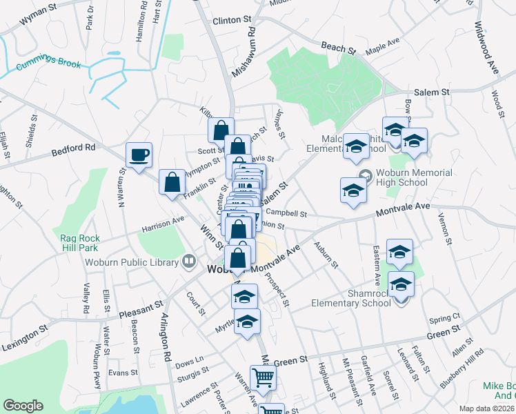 map of restaurants, bars, coffee shops, grocery stores, and more near 460 Main Street in Woburn