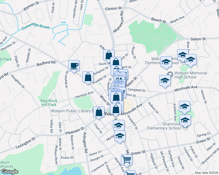 map of restaurants, bars, coffee shops, grocery stores, and more near 23 Park Street in Woburn