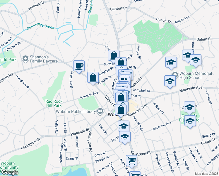 map of restaurants, bars, coffee shops, grocery stores, and more near 23 Park Street in Woburn
