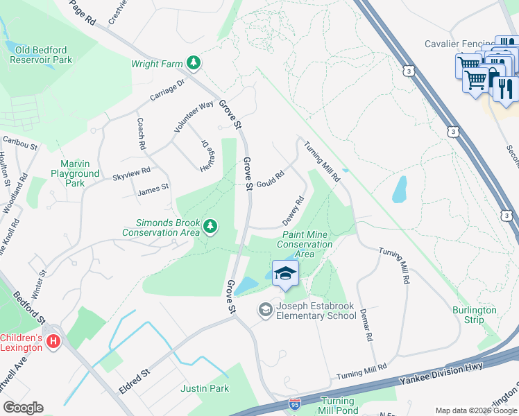 map of restaurants, bars, coffee shops, grocery stores, and more near 31 Dewey Road in Lexington