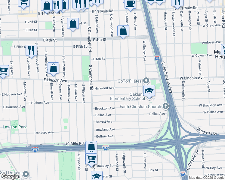 map of restaurants, bars, coffee shops, grocery stores, and more near 1920 Kalama Avenue in Royal Oak