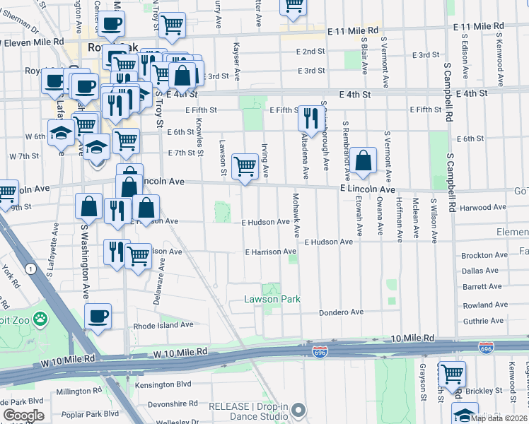map of restaurants, bars, coffee shops, grocery stores, and more near 1002 Irving Avenue in Royal Oak
