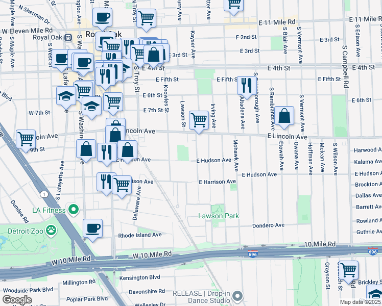 map of restaurants, bars, coffee shops, grocery stores, and more near 602 East Hudson Avenue in Royal Oak