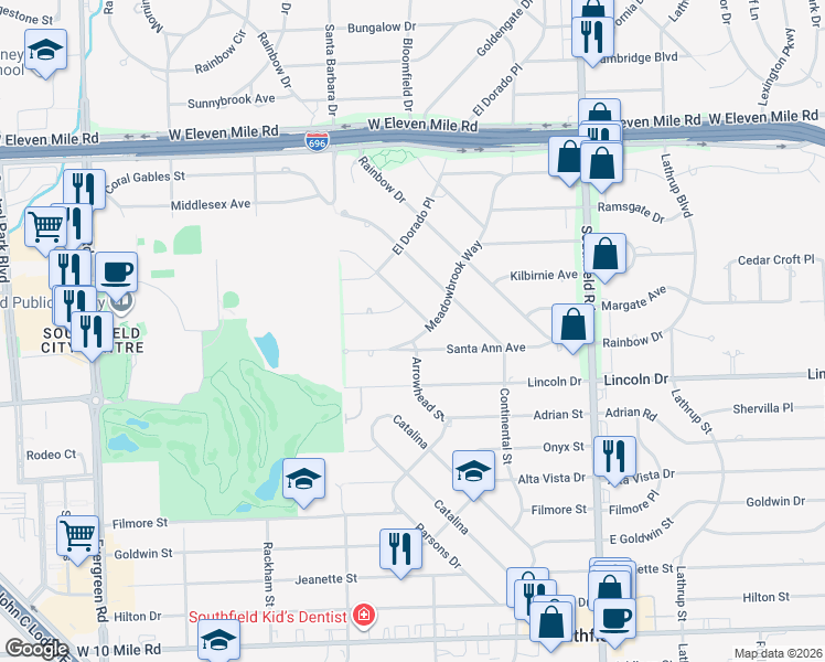 map of restaurants, bars, coffee shops, grocery stores, and more near 26272 Meadowbrook Way in Lathrup Village