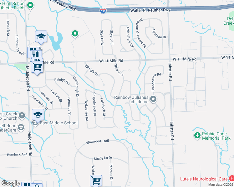 map of restaurants, bars, coffee shops, grocery stores, and more near 25429 Kilreigh Drive in Farmington Hills