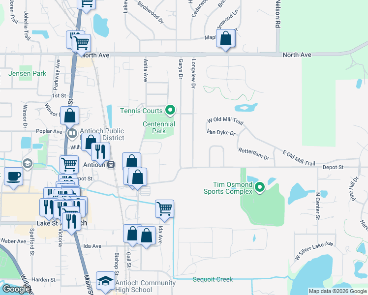 map of restaurants, bars, coffee shops, grocery stores, and more near 673 Garys Drive in Antioch