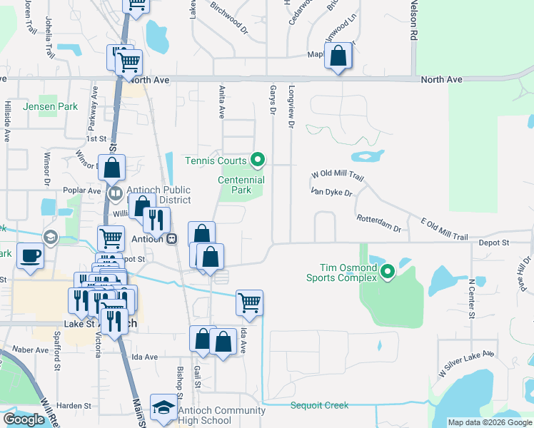 map of restaurants, bars, coffee shops, grocery stores, and more near 673 Garys Drive in Antioch