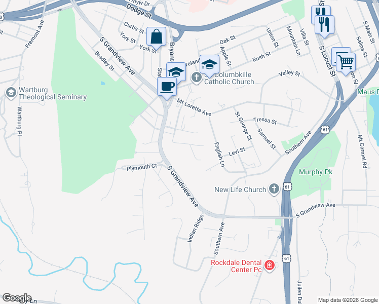 map of restaurants, bars, coffee shops, grocery stores, and more near 900 South Grandview Avenue in Dubuque