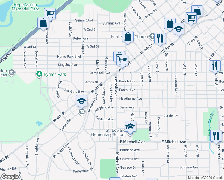 map of restaurants, bars, coffee shops, grocery stores, and more near 166 Graceline Boulevard in Waterloo