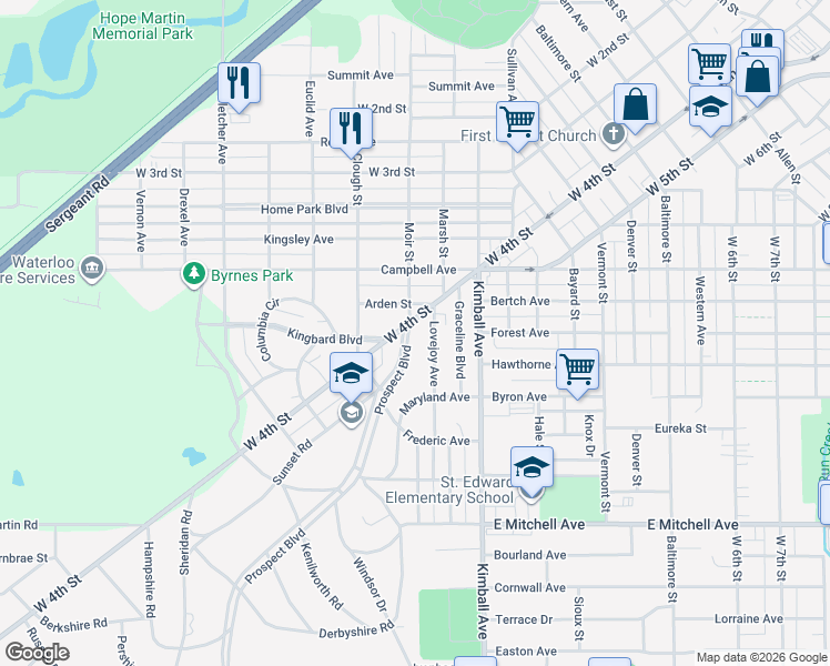 map of restaurants, bars, coffee shops, grocery stores, and more near 131 Prospect Boulevard in Waterloo