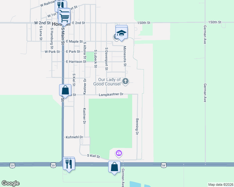 map of restaurants, bars, coffee shops, grocery stores, and more near 505 Lampkastner Drive in Holstein