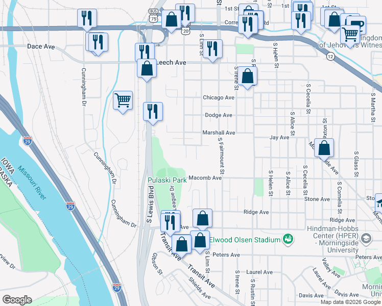 map of restaurants, bars, coffee shops, grocery stores, and more near 2599 Indiana Avenue in Sioux City