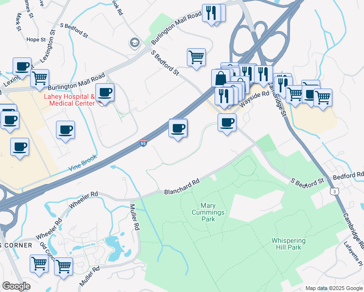 map of restaurants, bars, coffee shops, grocery stores, and more near 3 Van de Graaff Drive in Burlington