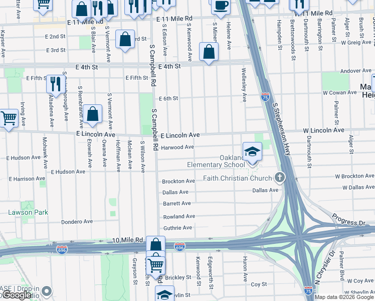 map of restaurants, bars, coffee shops, grocery stores, and more near 1920 Kalama Avenue in Royal Oak