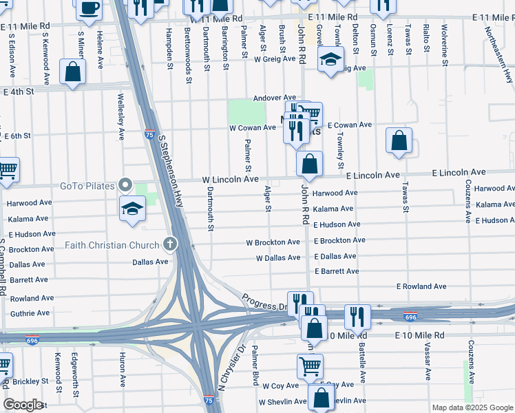 map of restaurants, bars, coffee shops, grocery stores, and more near 302 West Hudson Avenue in Madison Heights