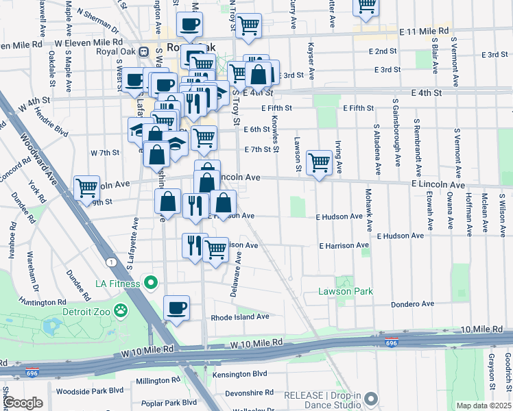 map of restaurants, bars, coffee shops, grocery stores, and more near 313 East Hudson Avenue in Royal Oak