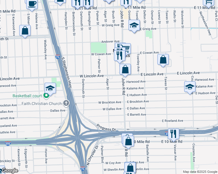 map of restaurants, bars, coffee shops, grocery stores, and more near 302 West Hudson Avenue in Madison Heights