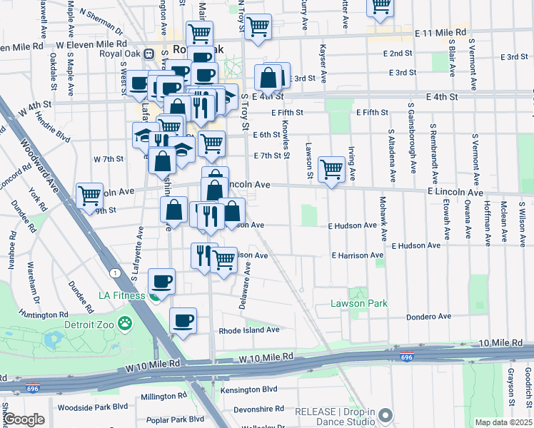 map of restaurants, bars, coffee shops, grocery stores, and more near 313 East Hudson Avenue in Royal Oak