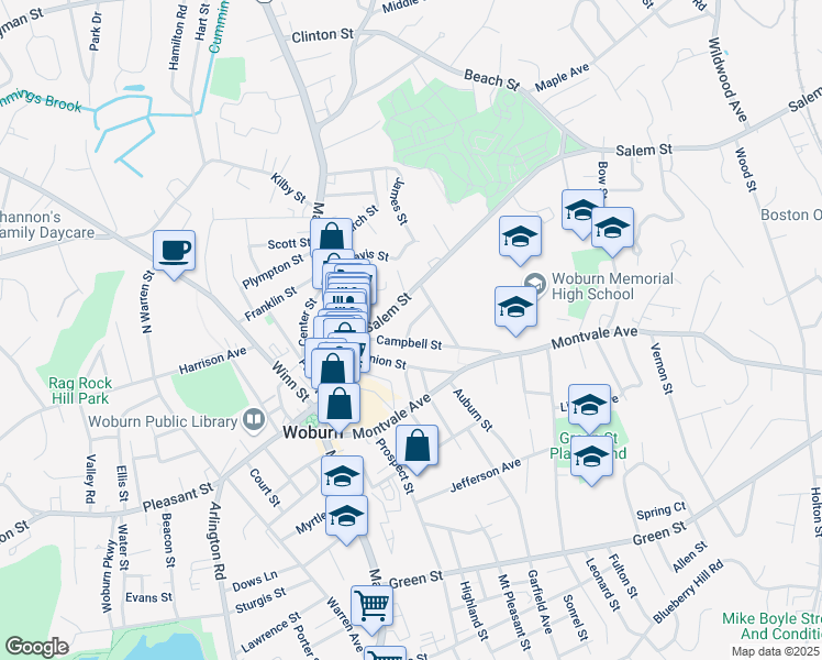map of restaurants, bars, coffee shops, grocery stores, and more near 3 Ellis Court in Woburn